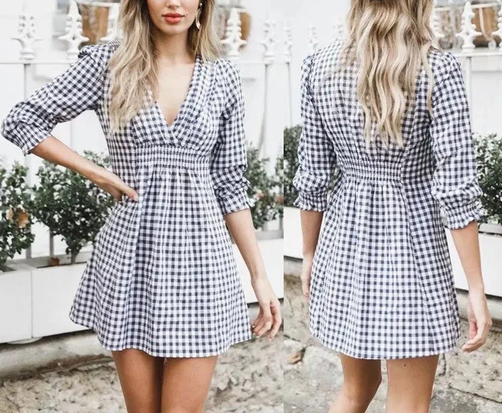 Sexy Deep V Cropped Sleeves Waist Plaid Dress