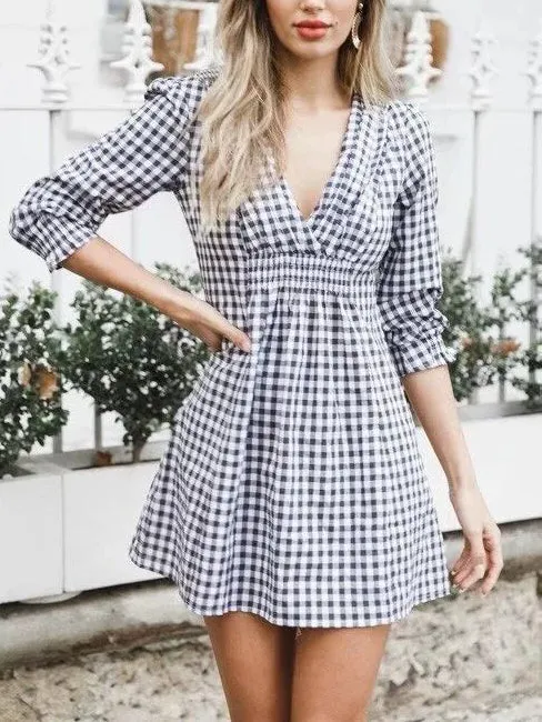 Sexy Deep V Cropped Sleeves Waist Plaid Dress