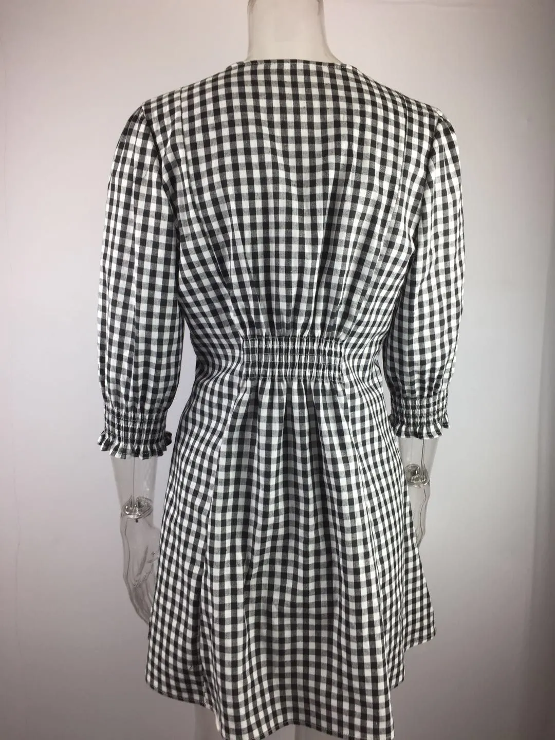 Sexy Deep V Cropped Sleeves Waist Plaid Dress
