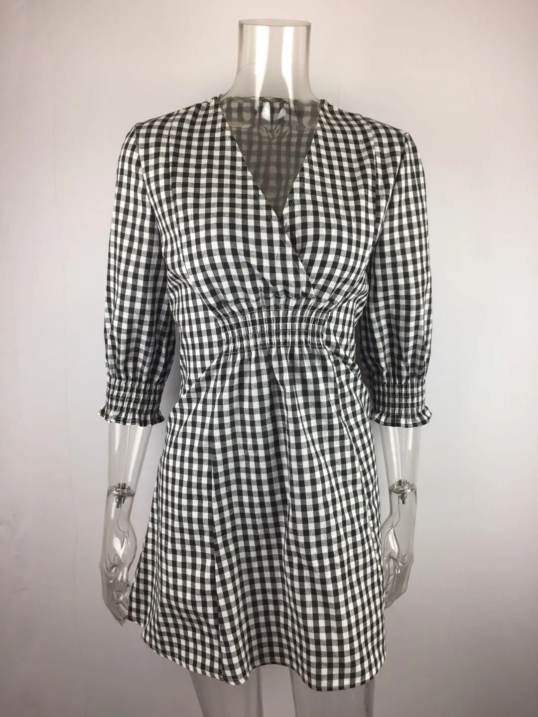 Sexy Deep V Cropped Sleeves Waist Plaid Dress