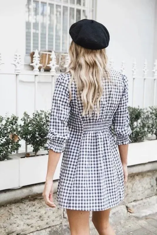 Sexy Deep V Cropped Sleeves Waist Plaid Dress