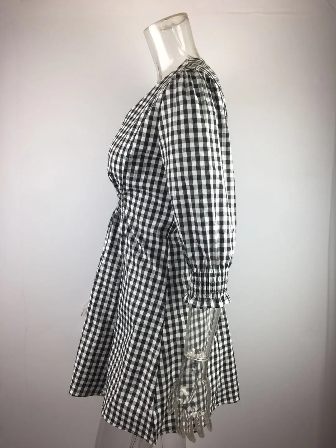 Sexy Deep V Cropped Sleeves Waist Plaid Dress