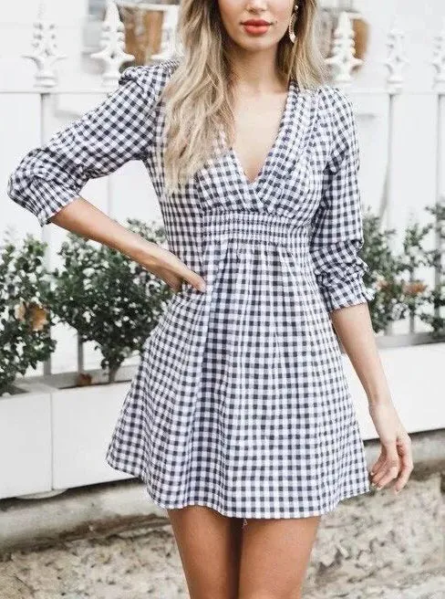 Sexy Deep V Cropped Sleeves Waist Plaid Dress