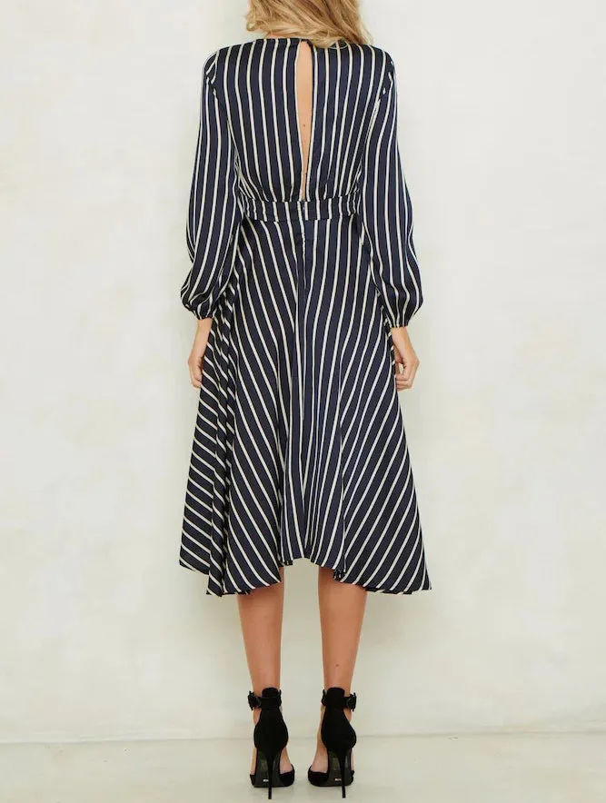 Sexy Deep V Strap Cutout Long Sleeve Open Back Stripe Dress
