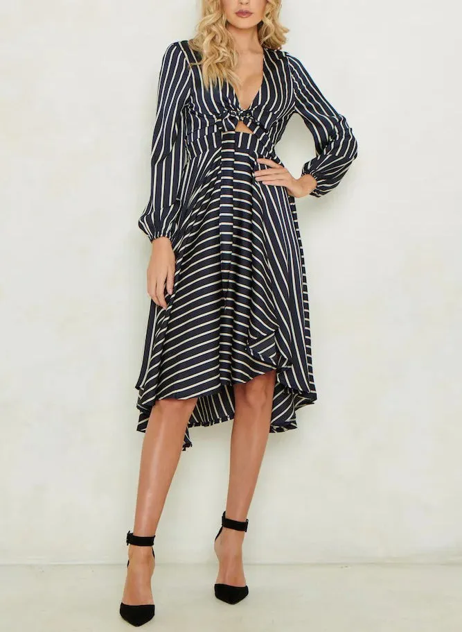 Sexy Deep V Strap Cutout Long Sleeve Open Back Stripe Dress