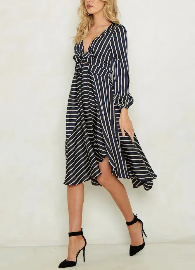 Sexy Deep V Strap Cutout Long Sleeve Open Back Stripe Dress
