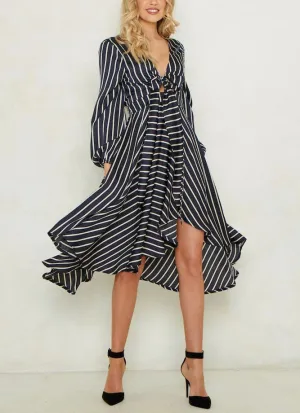 Sexy Deep V Strap Cutout Long Sleeve Open Back Stripe Dress