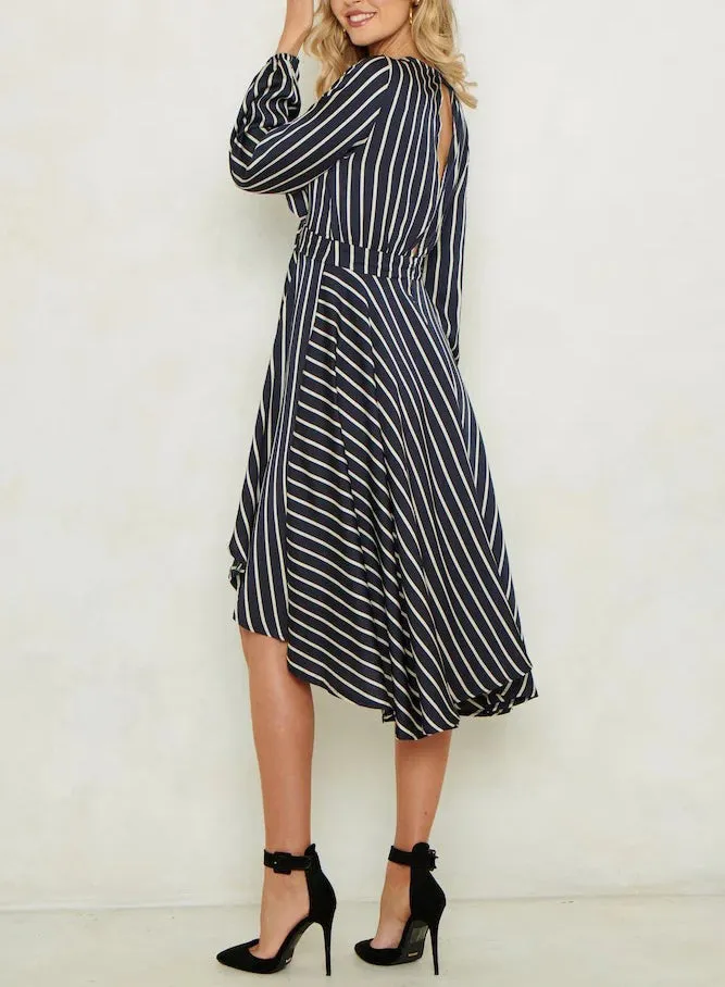 Sexy Deep V Strap Cutout Long Sleeve Open Back Stripe Dress
