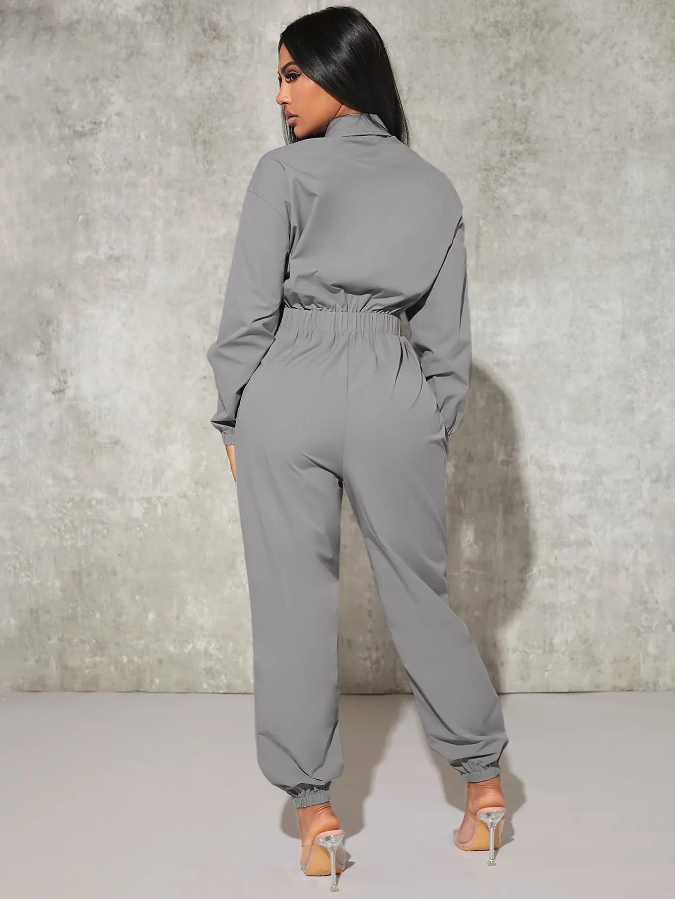Sexy Flap Pocket Elastic Waist Shirt Jumpsuit