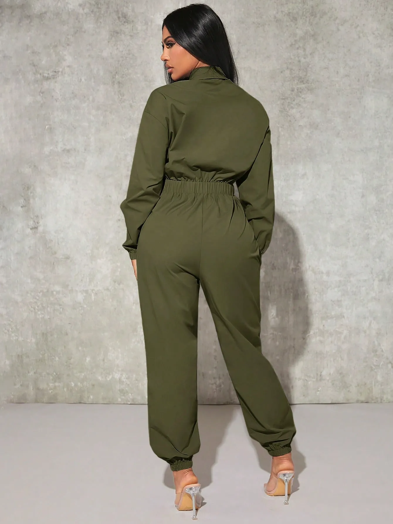 Sexy Flap Pocket Elastic Waist Shirt Jumpsuit