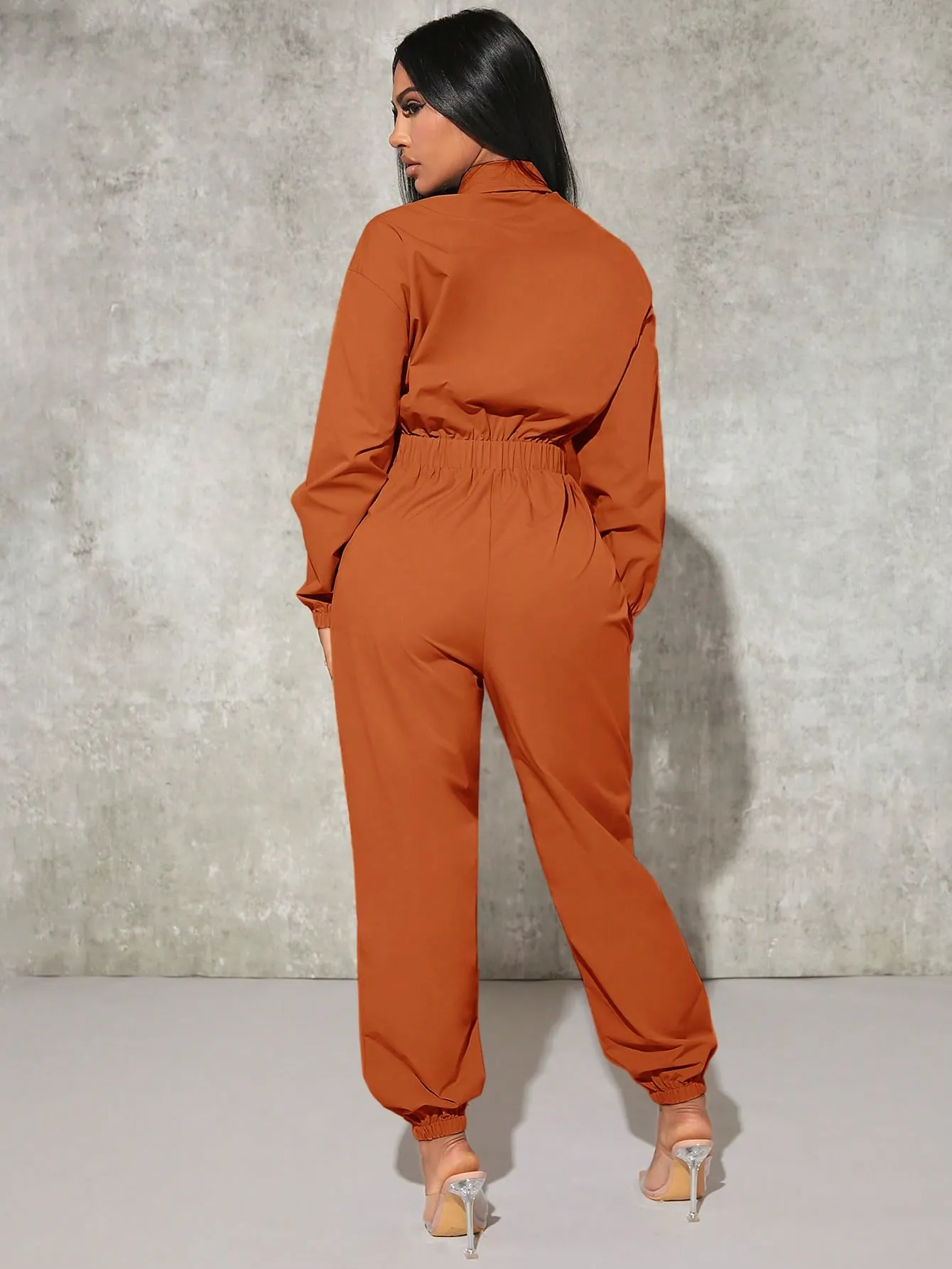 Sexy Flap Pocket Elastic Waist Shirt Jumpsuit