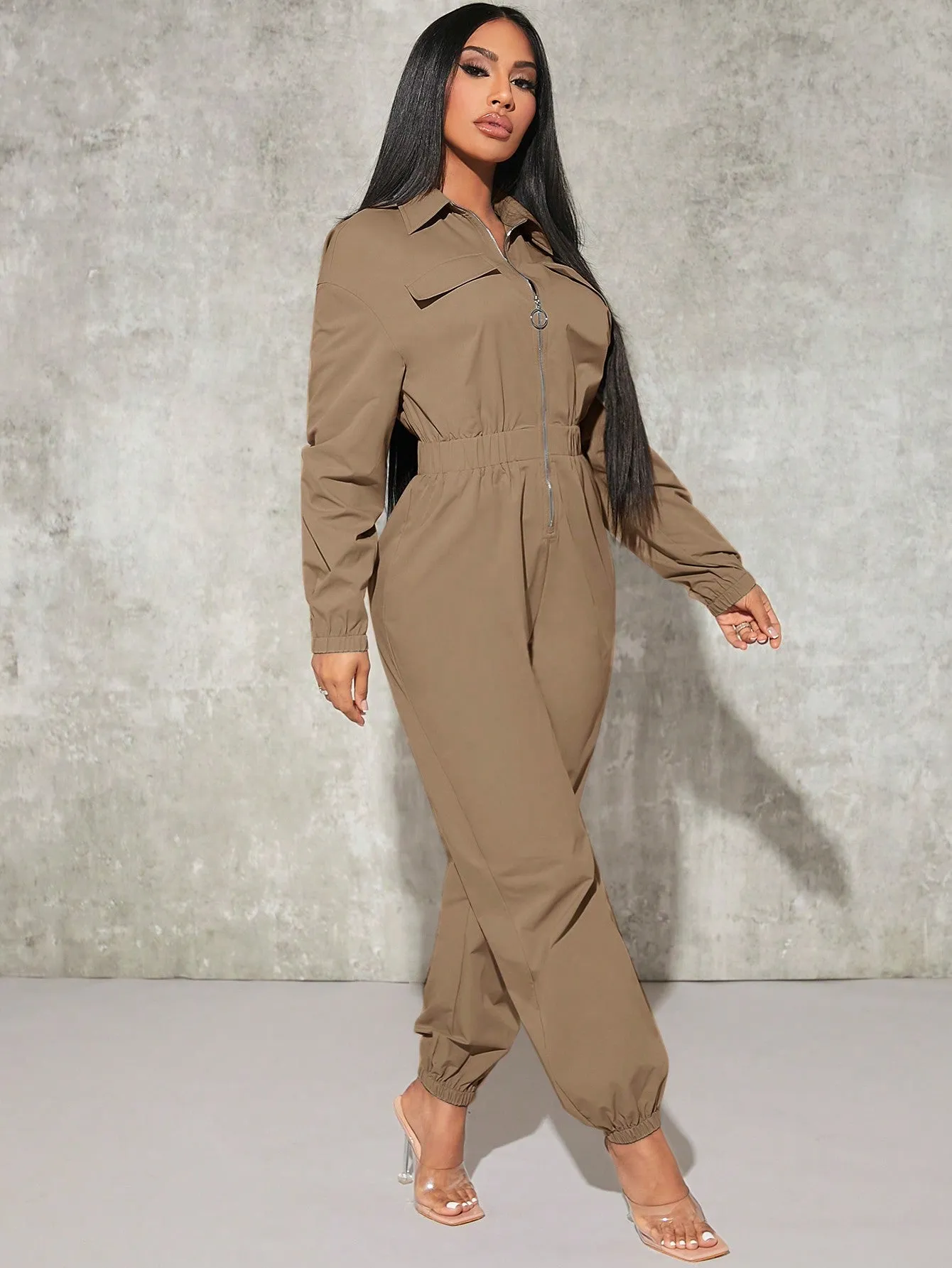 Sexy Flap Pocket Elastic Waist Shirt Jumpsuit