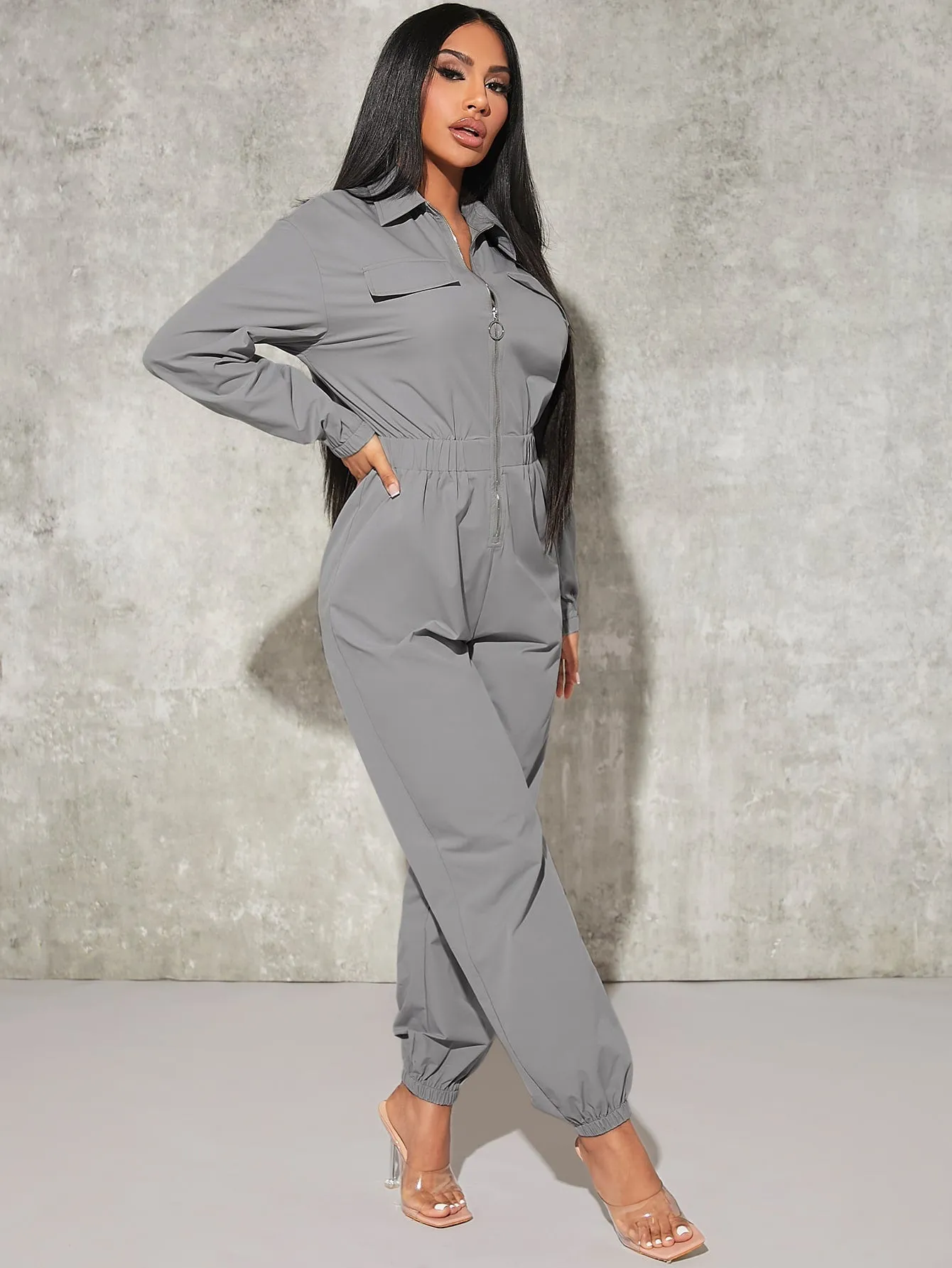 Sexy Flap Pocket Elastic Waist Shirt Jumpsuit