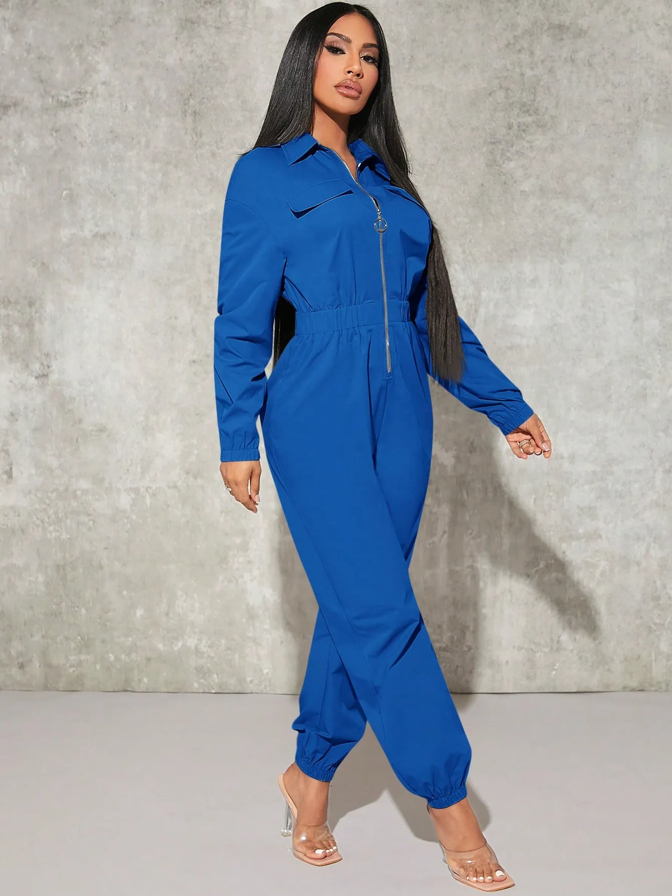 Sexy Flap Pocket Elastic Waist Shirt Jumpsuit