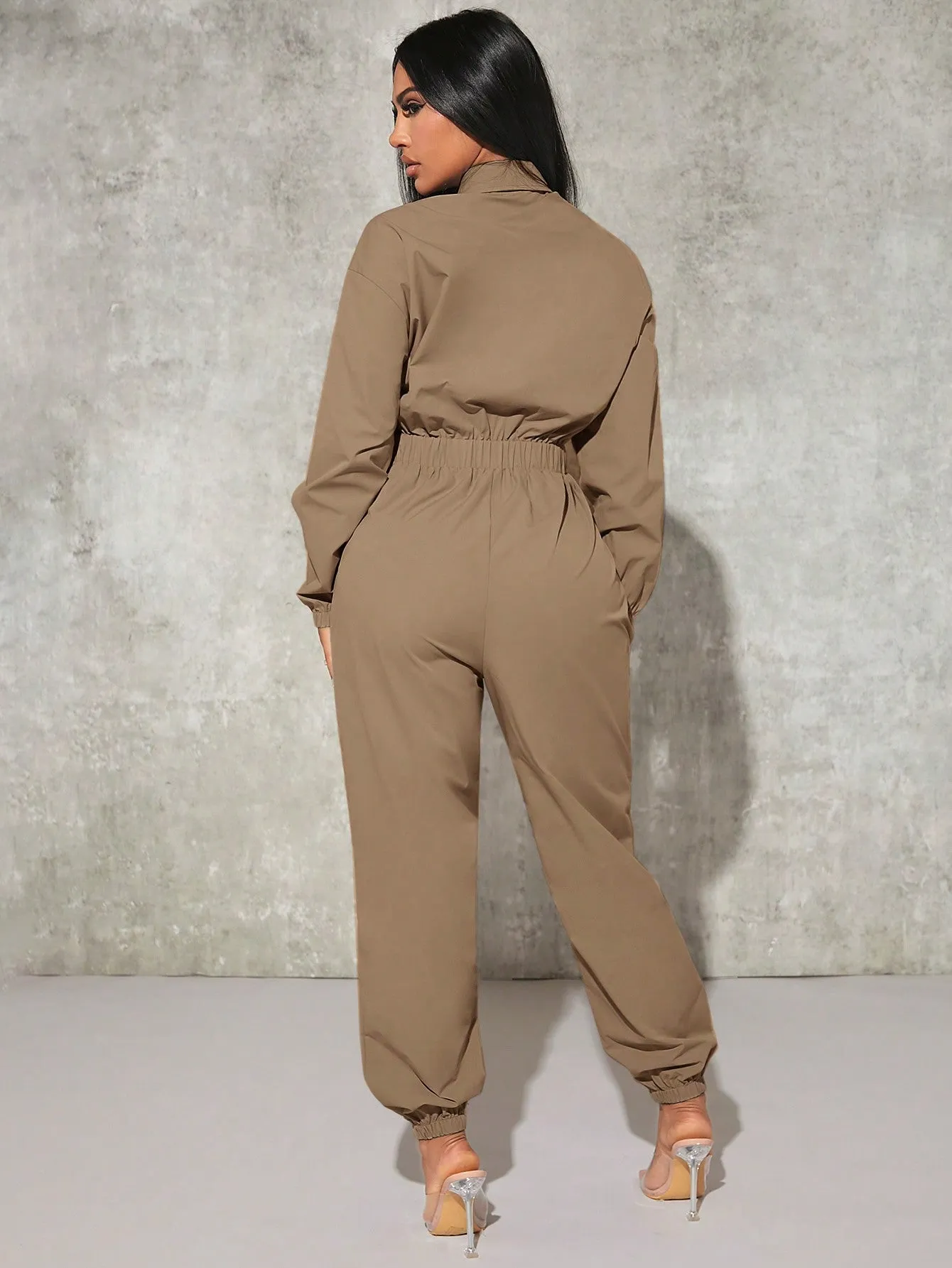 Sexy Flap Pocket Elastic Waist Shirt Jumpsuit