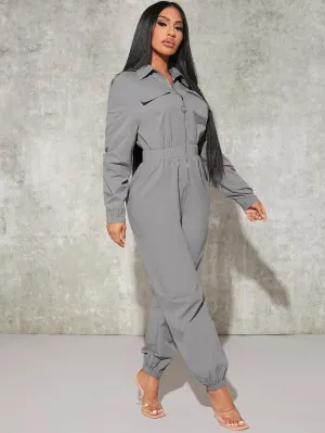 Sexy Flap Pocket Elastic Waist Shirt Jumpsuit