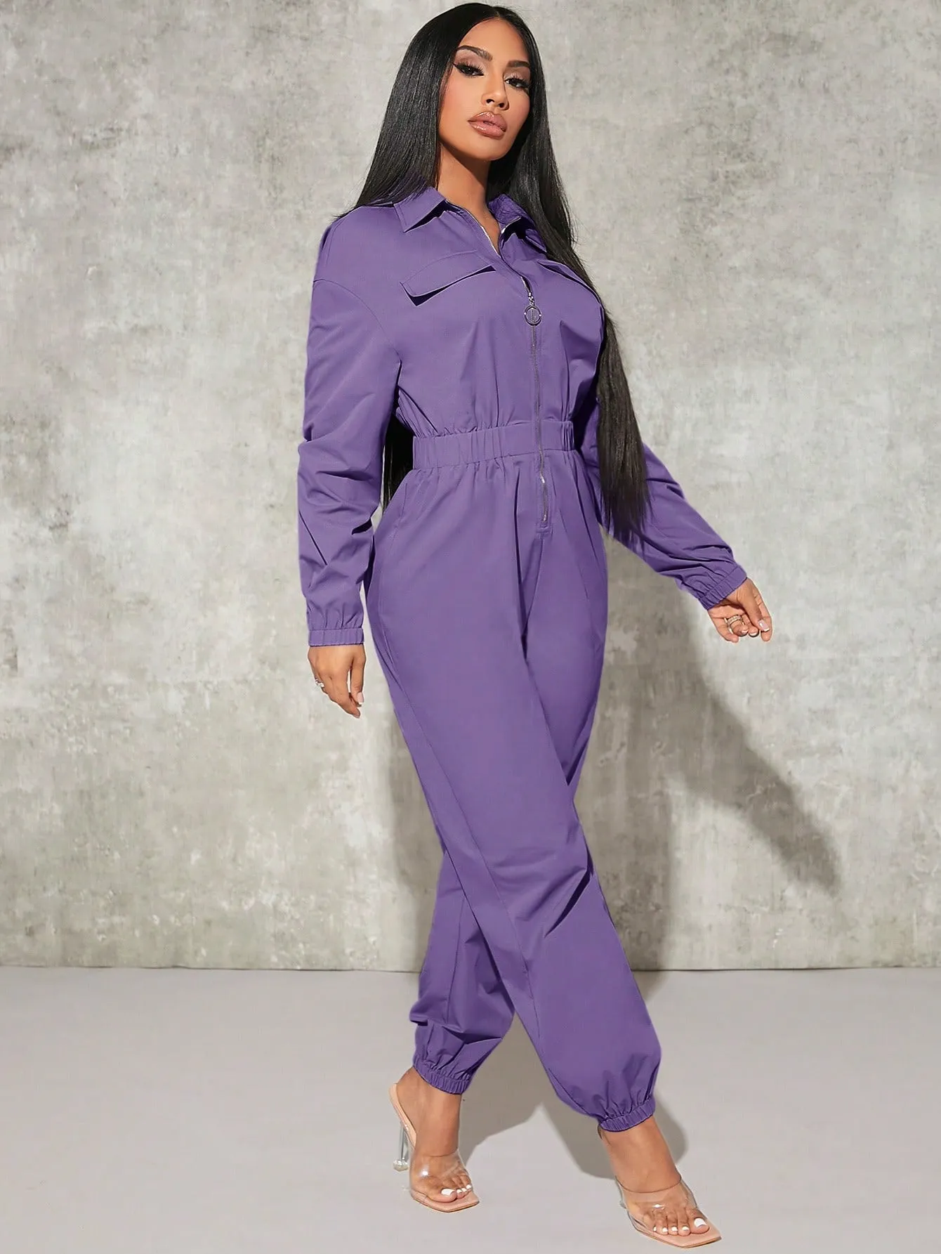 Sexy Flap Pocket Elastic Waist Shirt Jumpsuit