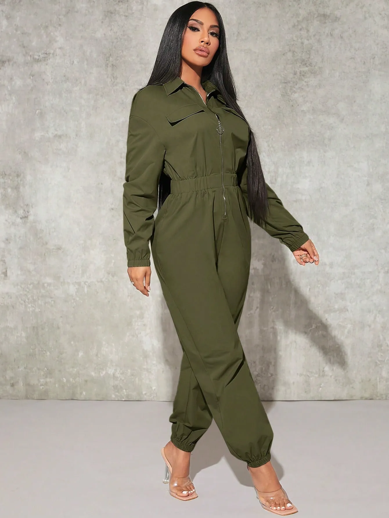 Sexy Flap Pocket Elastic Waist Shirt Jumpsuit