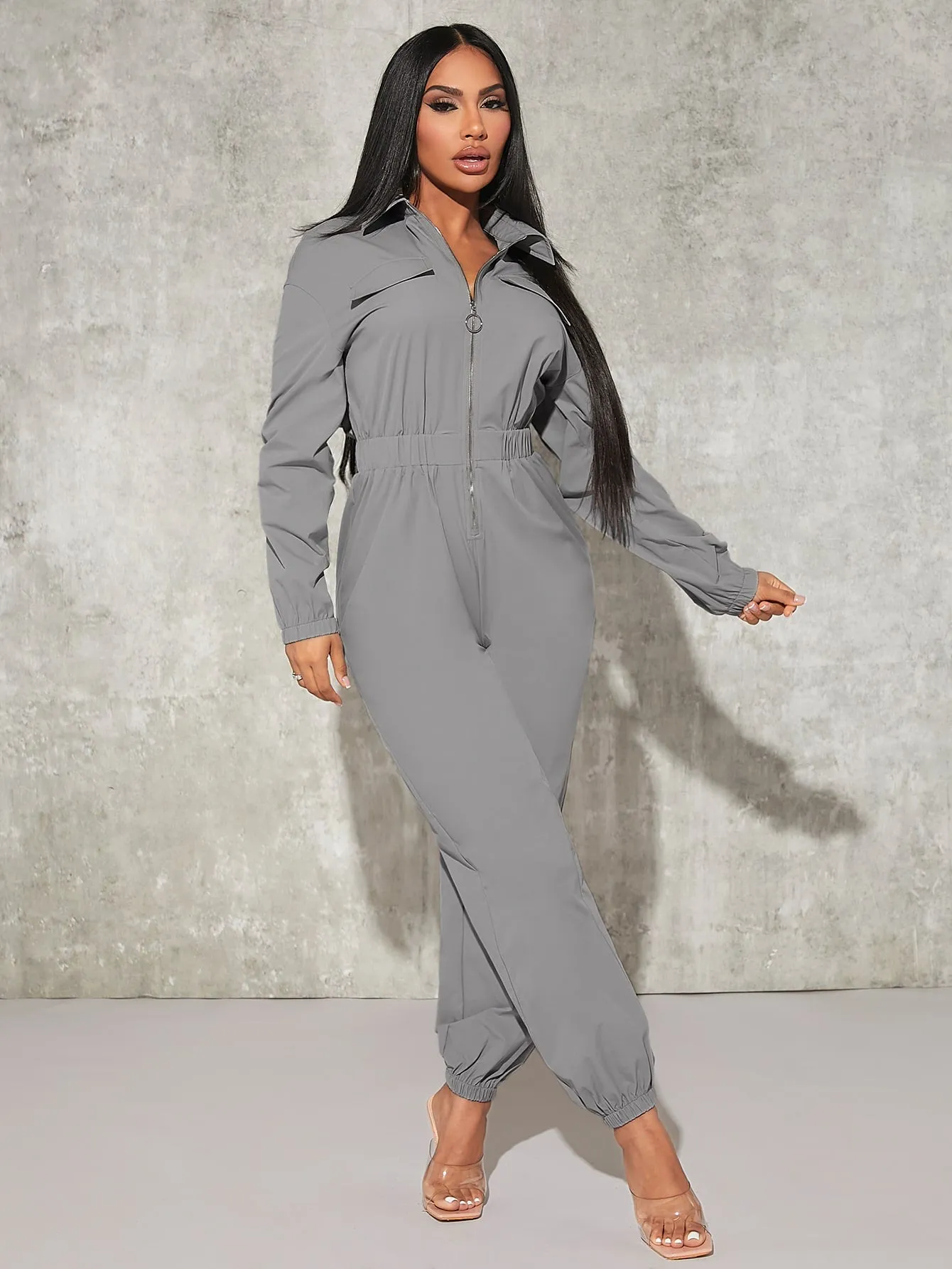 Sexy Flap Pocket Elastic Waist Shirt Jumpsuit