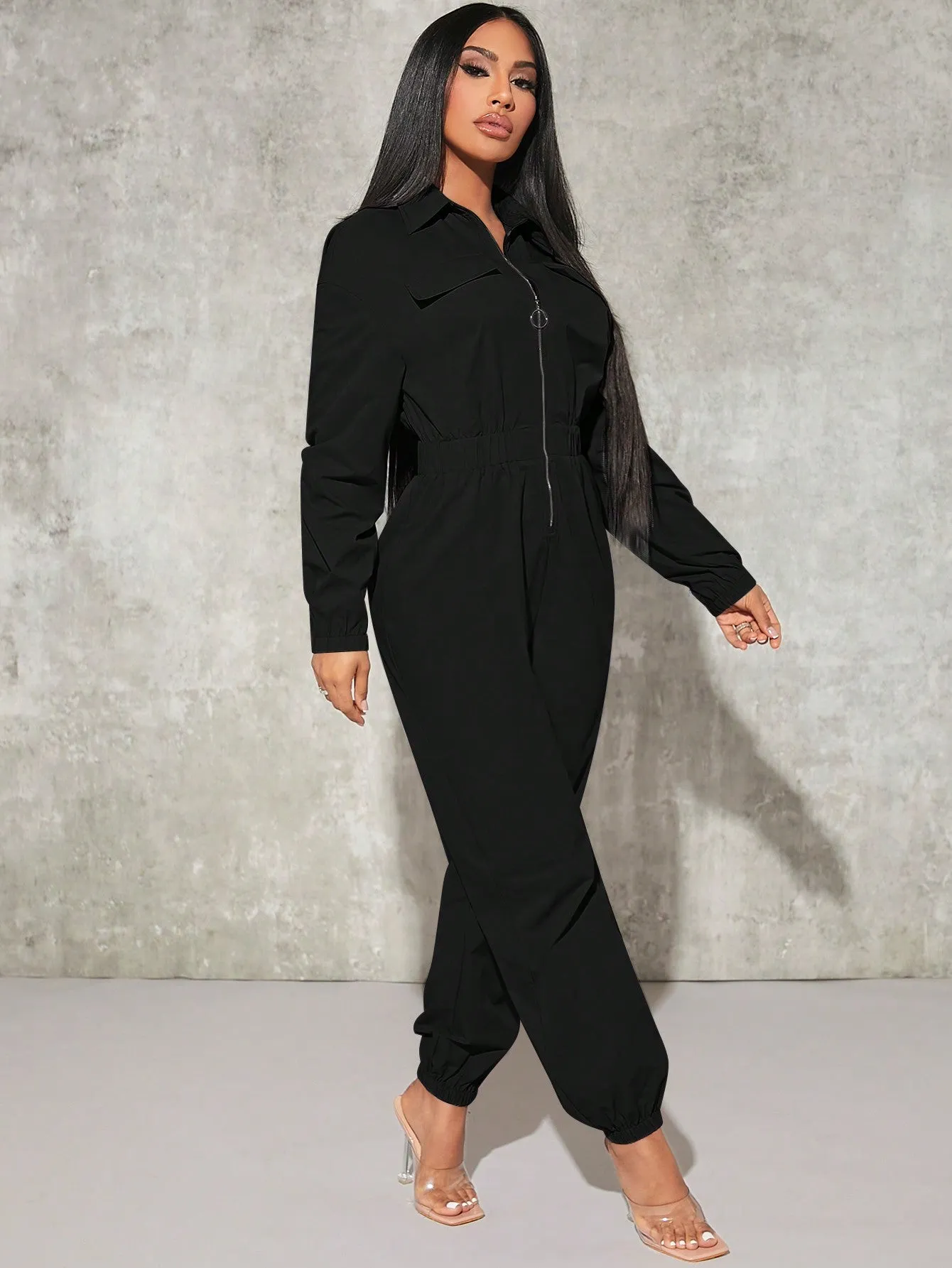 Sexy Flap Pocket Elastic Waist Shirt Jumpsuit