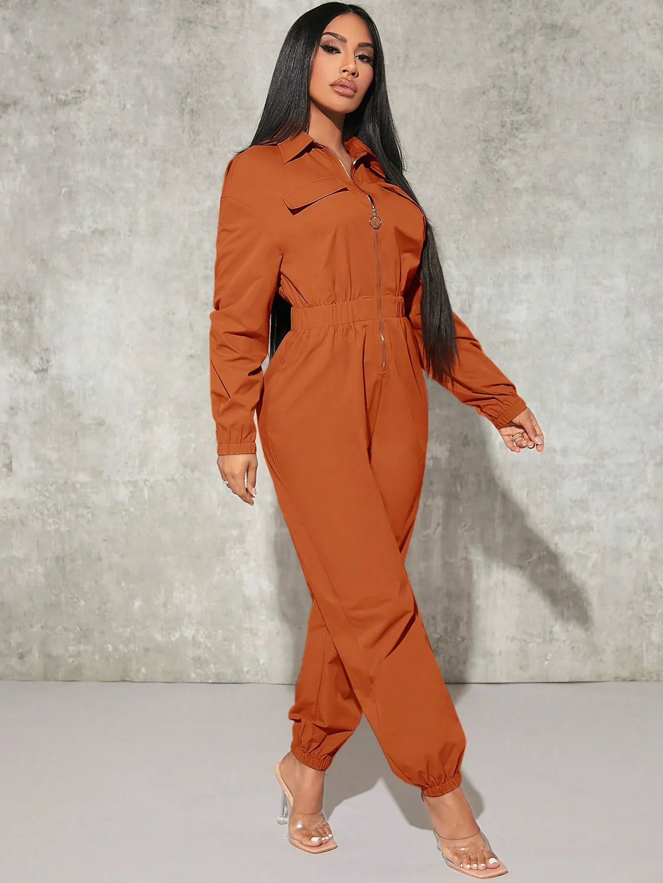 Sexy Flap Pocket Elastic Waist Shirt Jumpsuit