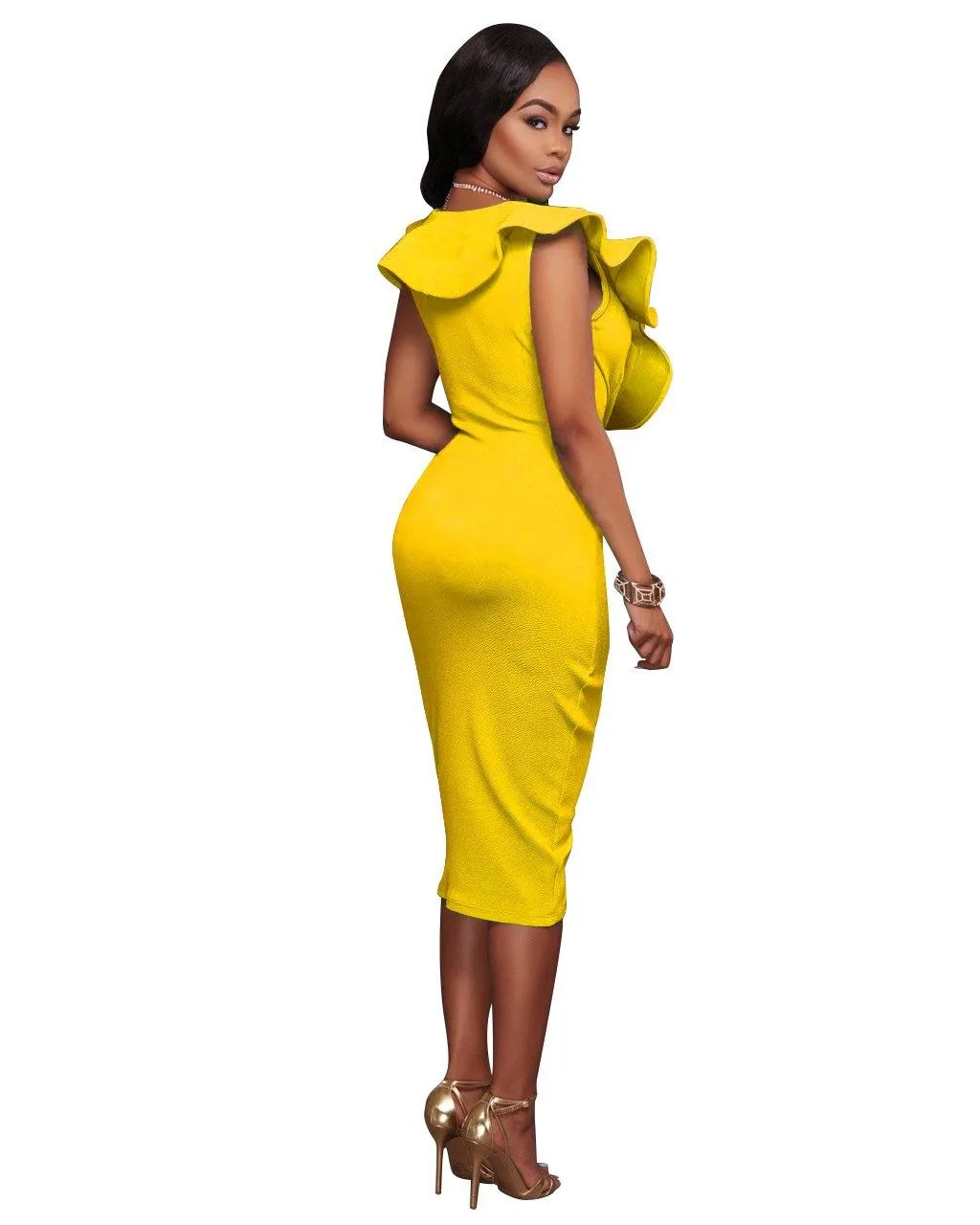 Sexy V-neck Ruffled Sleeveless Sheath Dresses