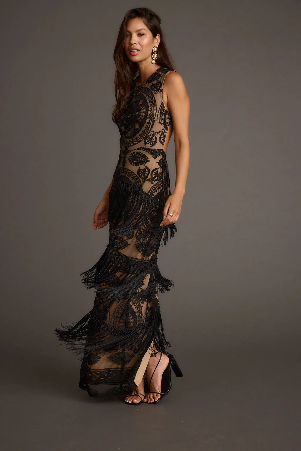 Shadows Black Lace Fringe Maxi Dress