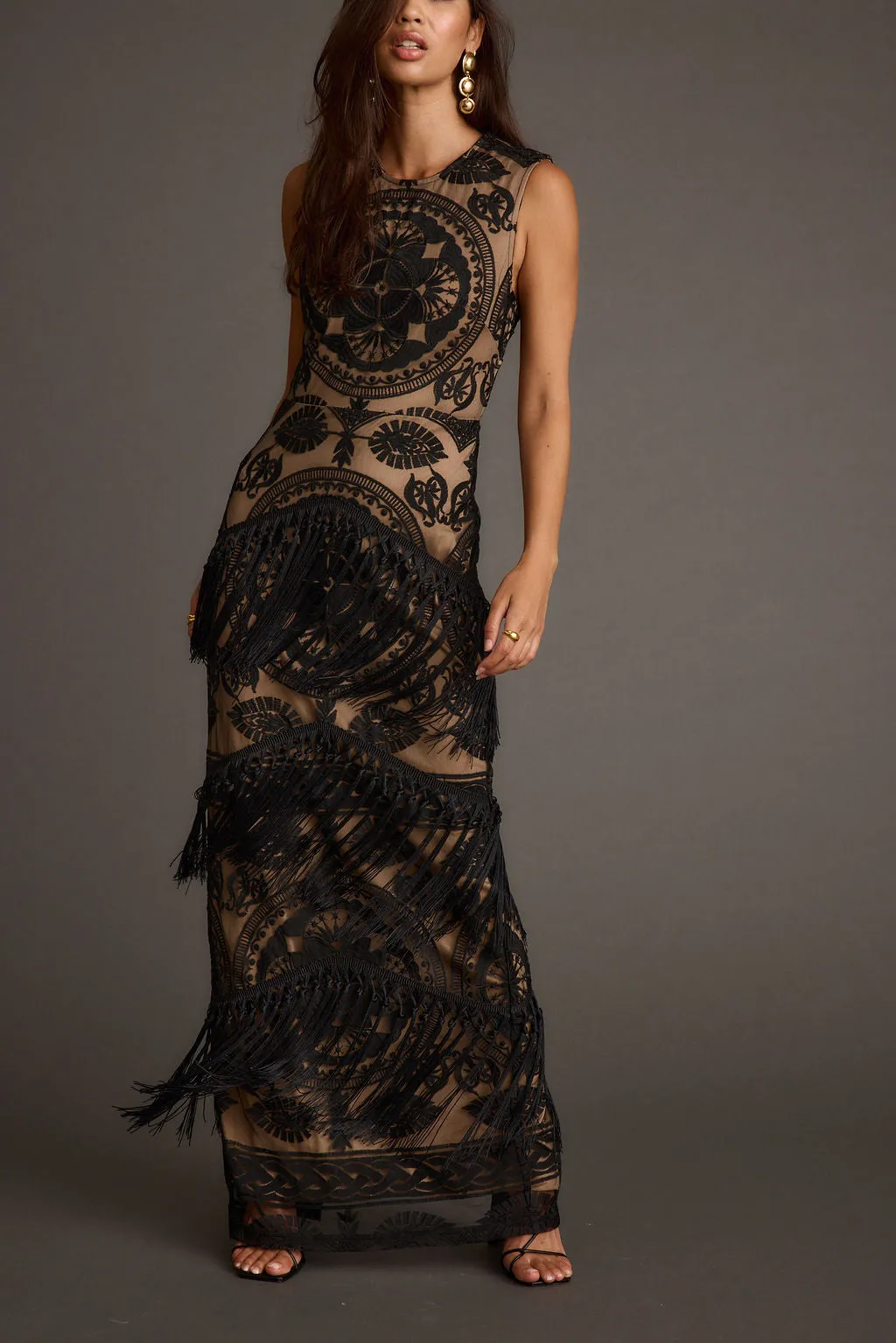 Shadows Black Lace Fringe Maxi Dress