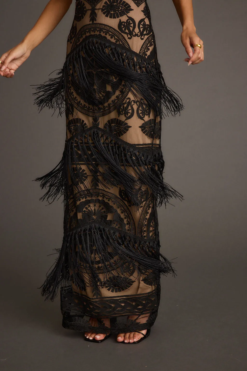 Shadows Black Lace Fringe Maxi Dress