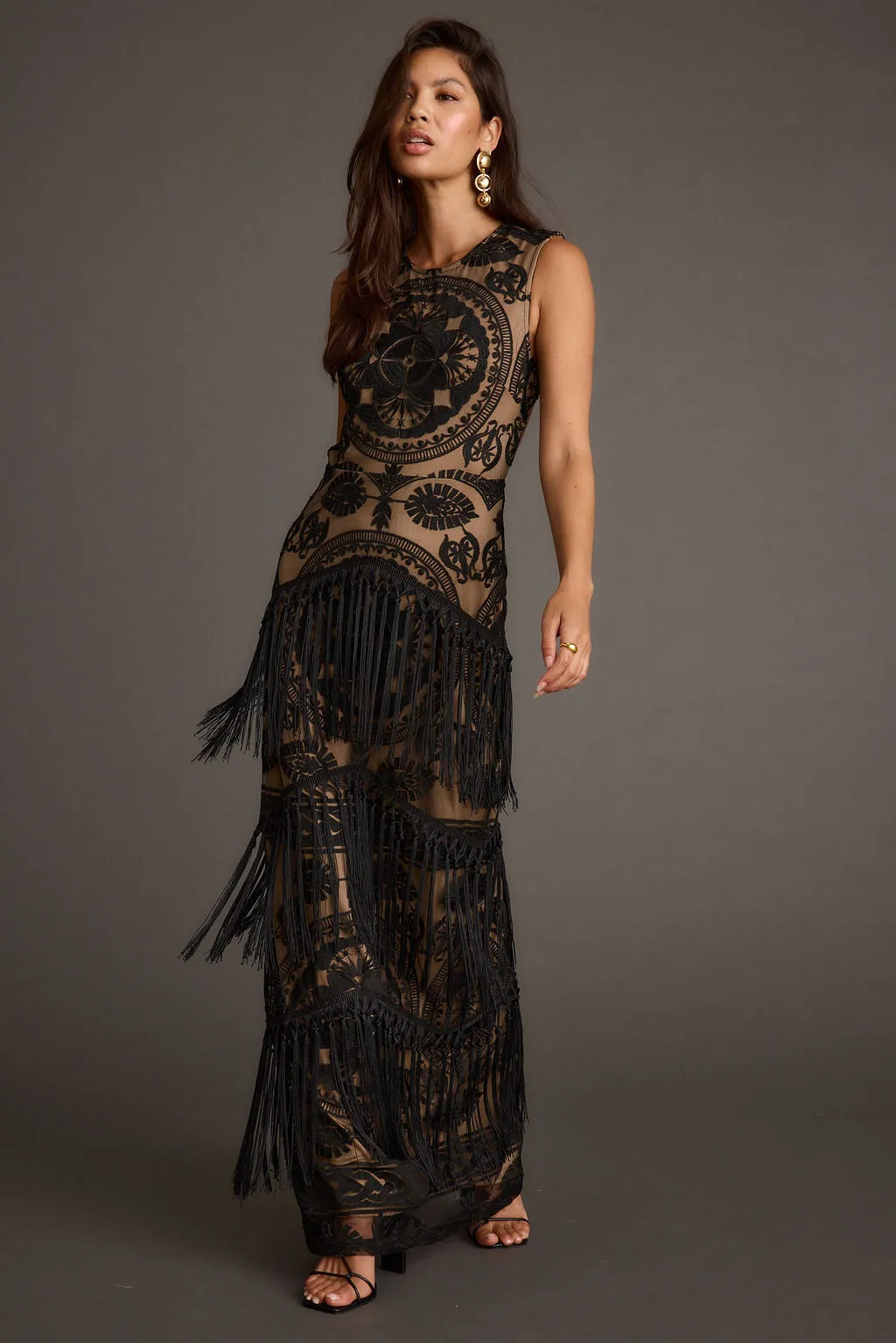 Shadows Black Lace Fringe Maxi Dress