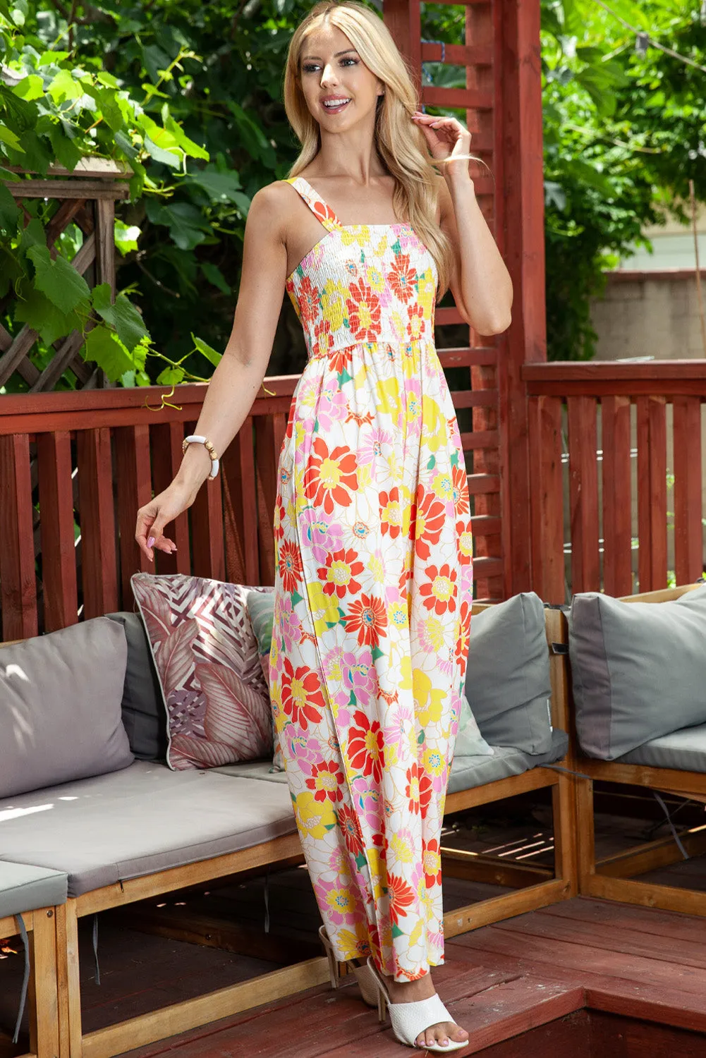 Sidney Floral Square Neck Smocked Wide Leg Jumpsuit