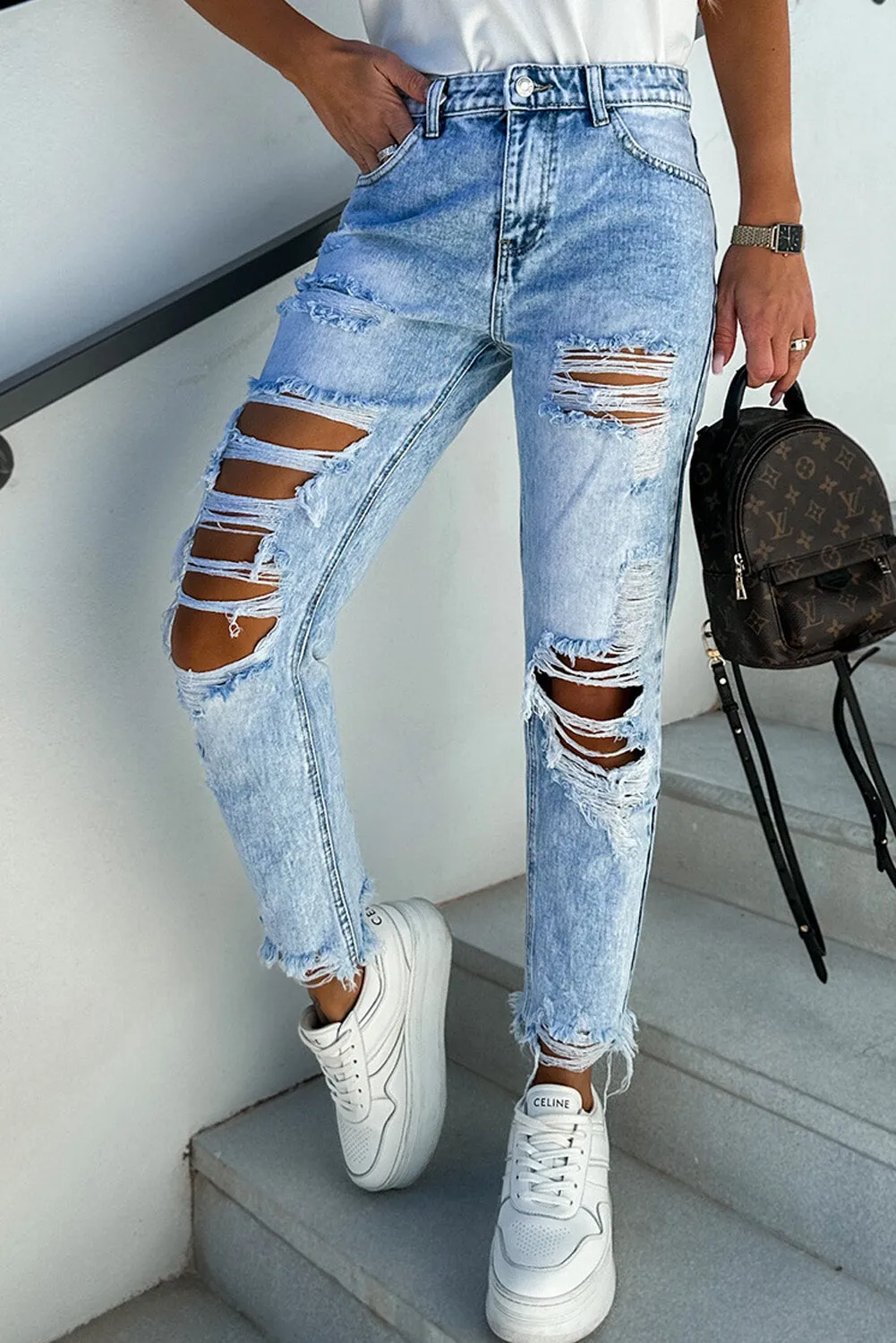 Sky Blue Light Washed Distressed Slim Fit Jeans