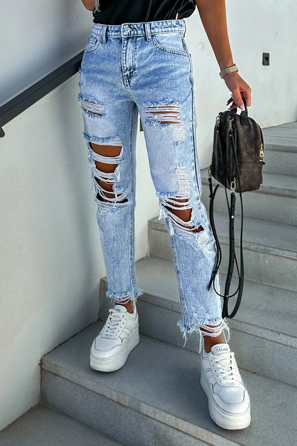 Sky Blue Light Washed Distressed Slim Fit Jeans