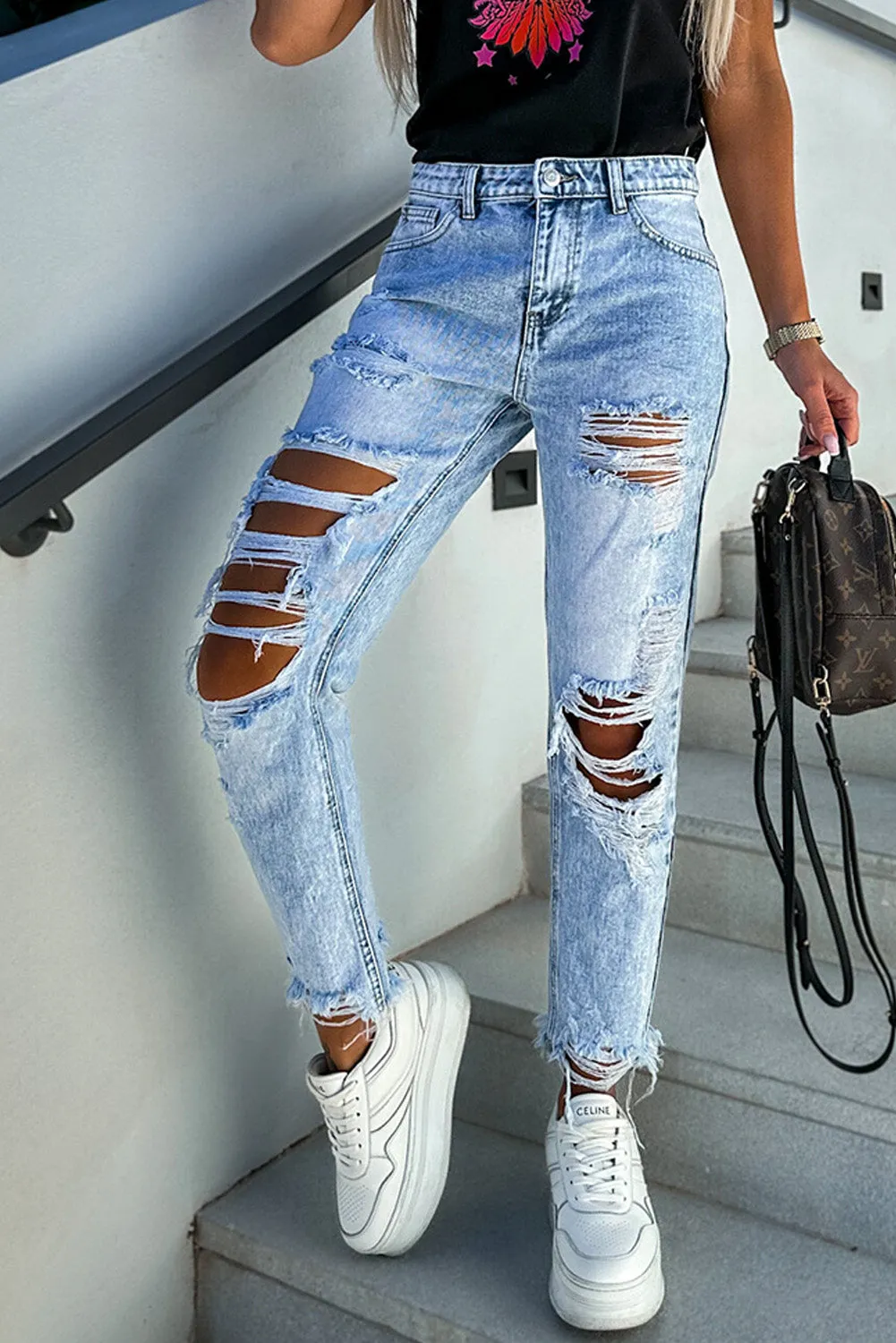 Sky Blue Light Washed Distressed Slim Fit Jeans