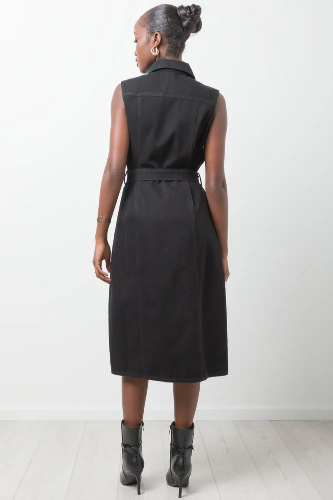 Sleeveless Belted Denim Dress Black