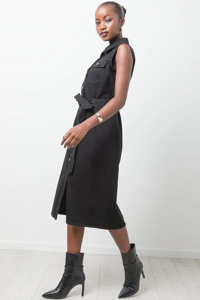 Sleeveless Belted Denim Dress Black