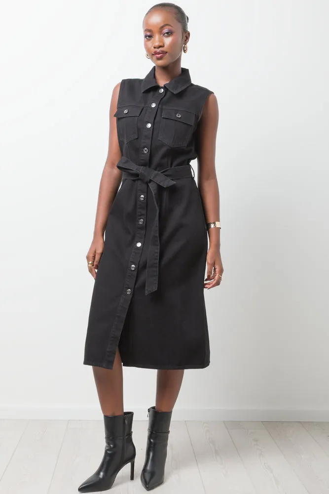Sleeveless Belted Denim Dress Black