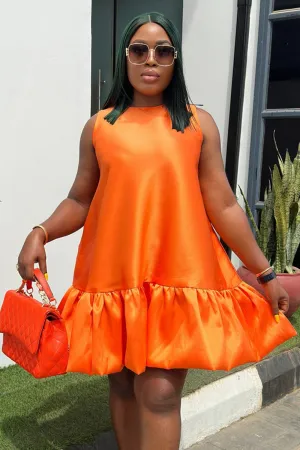 Sleeveless Bubble Hem Daily Solid Mini Swing Dresses-Orange [Pre Order]
