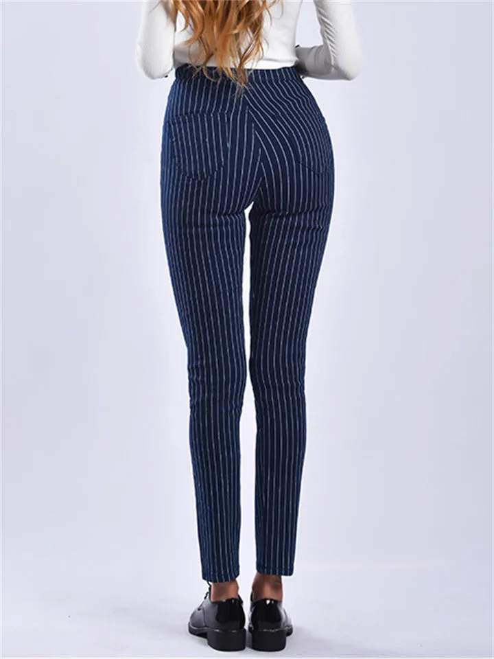 Slim Fit Blue White Stripe Fashion Women Denim Jeans