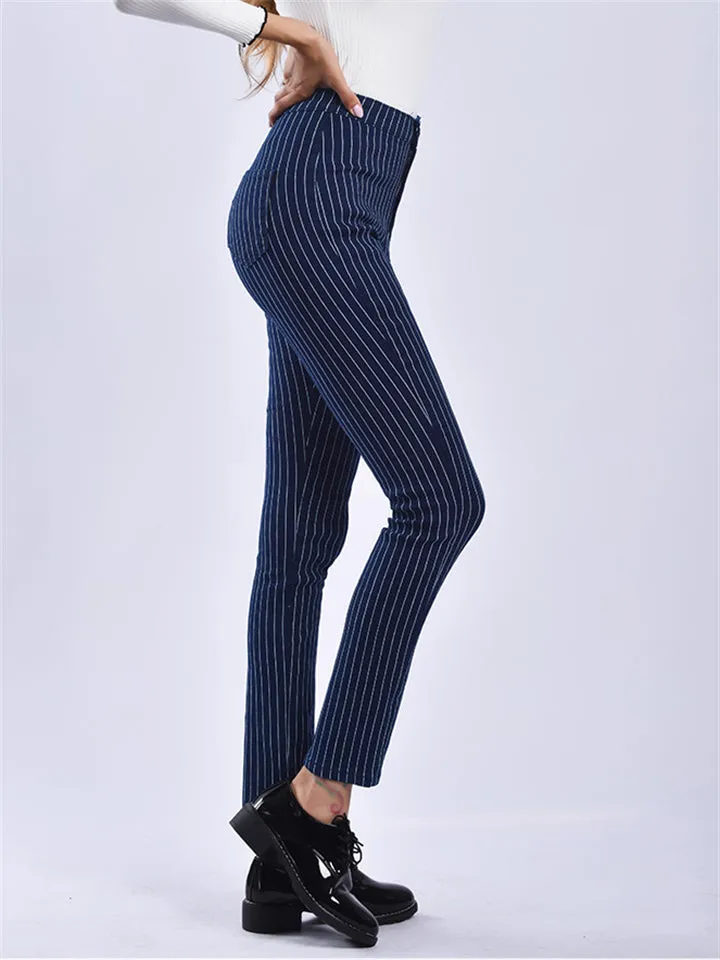Slim Fit Blue White Stripe Fashion Women Denim Jeans