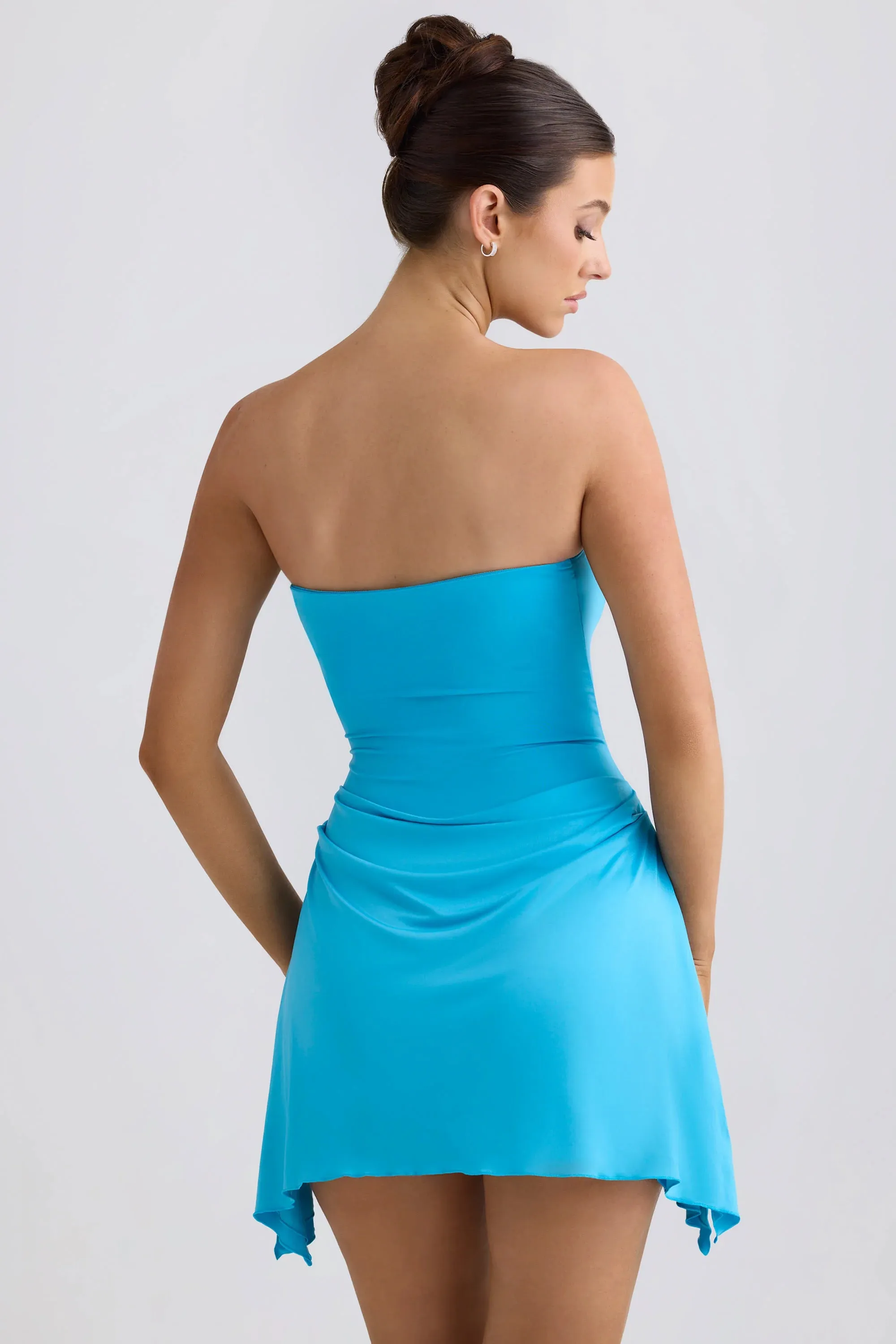 Slinky Jersey Draped A-Line Mini Dress in Aqua Blue
