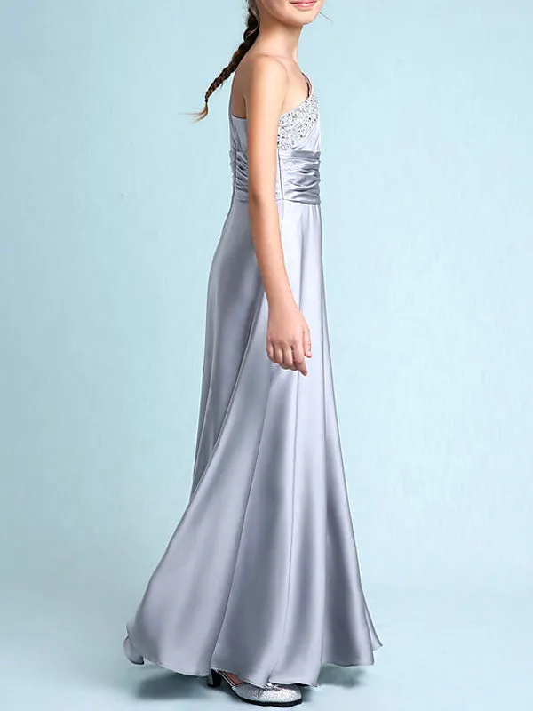 Sliver One Shoulder Elastic Woven Satin Sleeveless A-line Beaded Kids Party Dresses