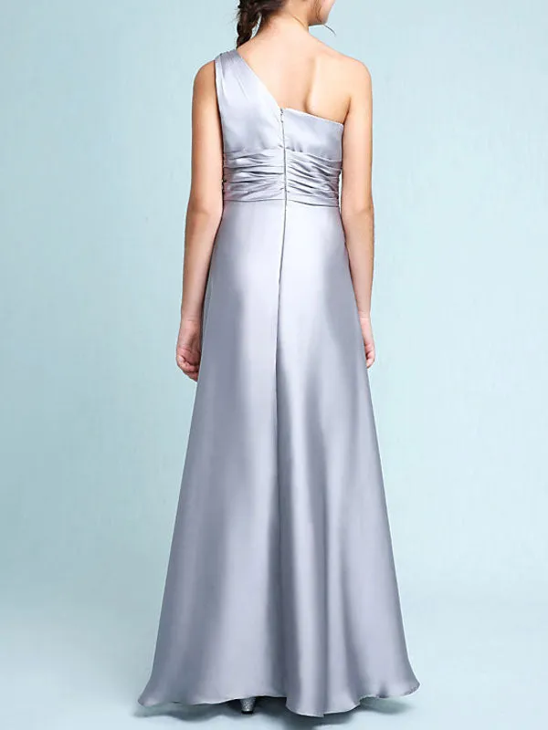 Sliver One Shoulder Elastic Woven Satin Sleeveless A-line Beaded Kids Party Dresses