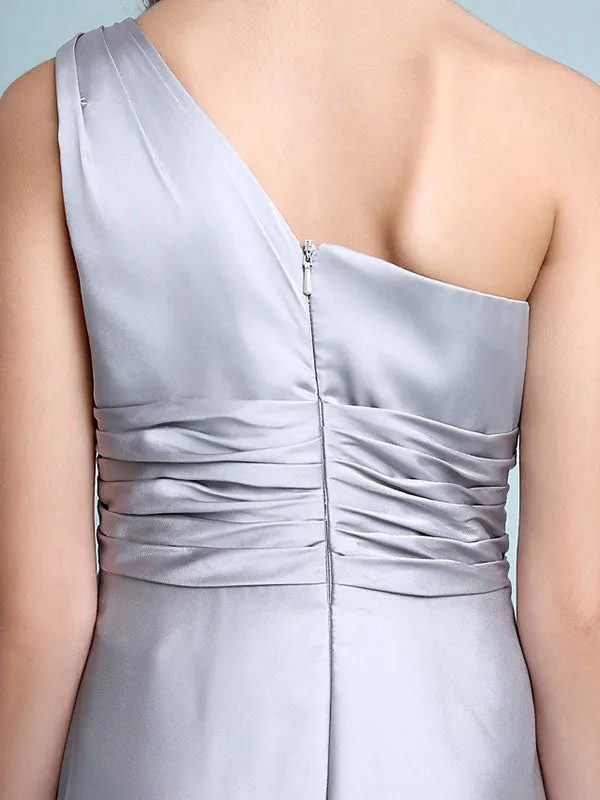 Sliver One Shoulder Elastic Woven Satin Sleeveless A-line Beaded Kids Party Dresses