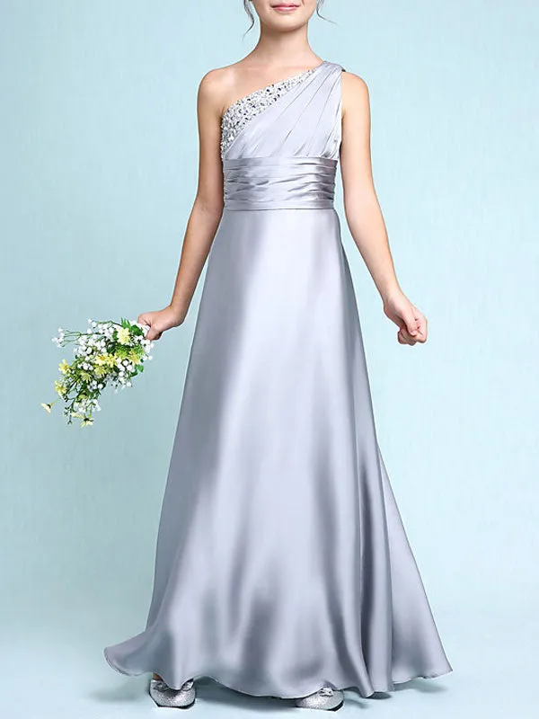 Sliver One Shoulder Elastic Woven Satin Sleeveless A-line Beaded Kids Party Dresses