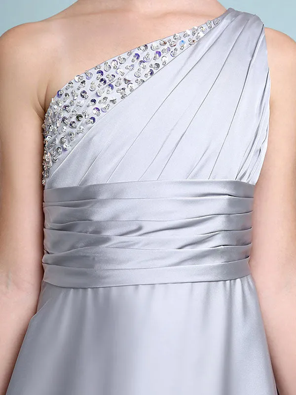 Sliver One Shoulder Elastic Woven Satin Sleeveless A-line Beaded Kids Party Dresses
