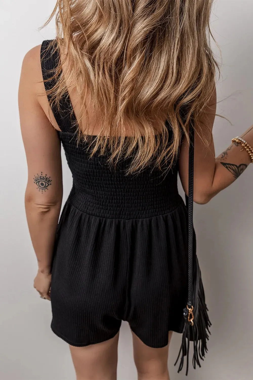 Smocked Bust Textured Knit Sleeveless Romper