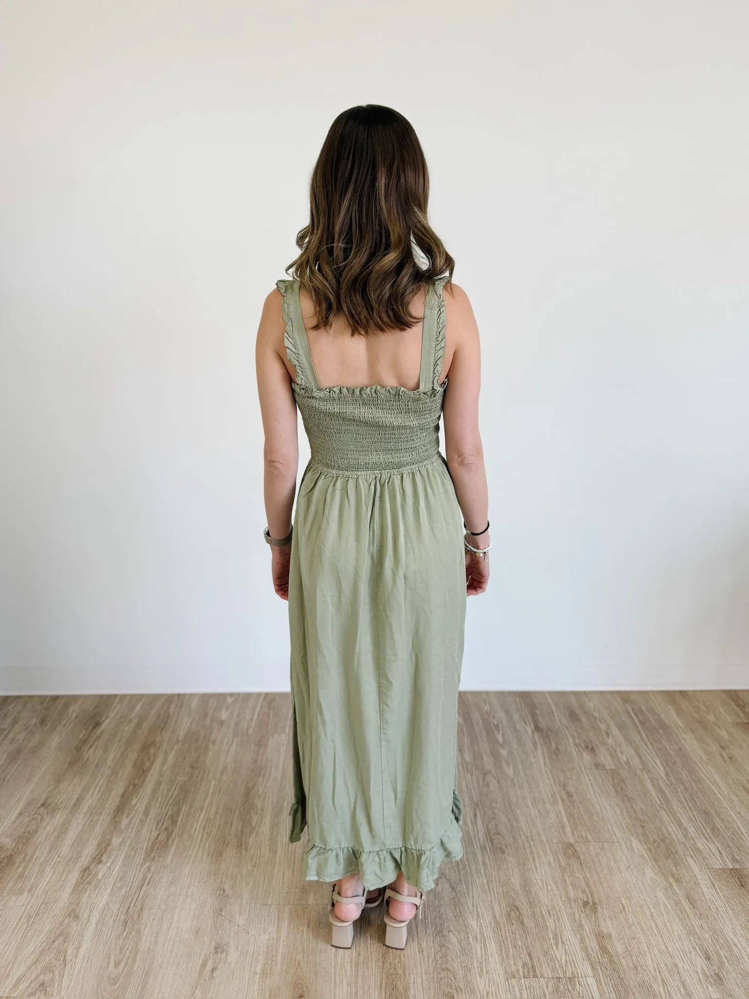 Smocked Maxi Dress With Ruffle Straps in Olive Stone