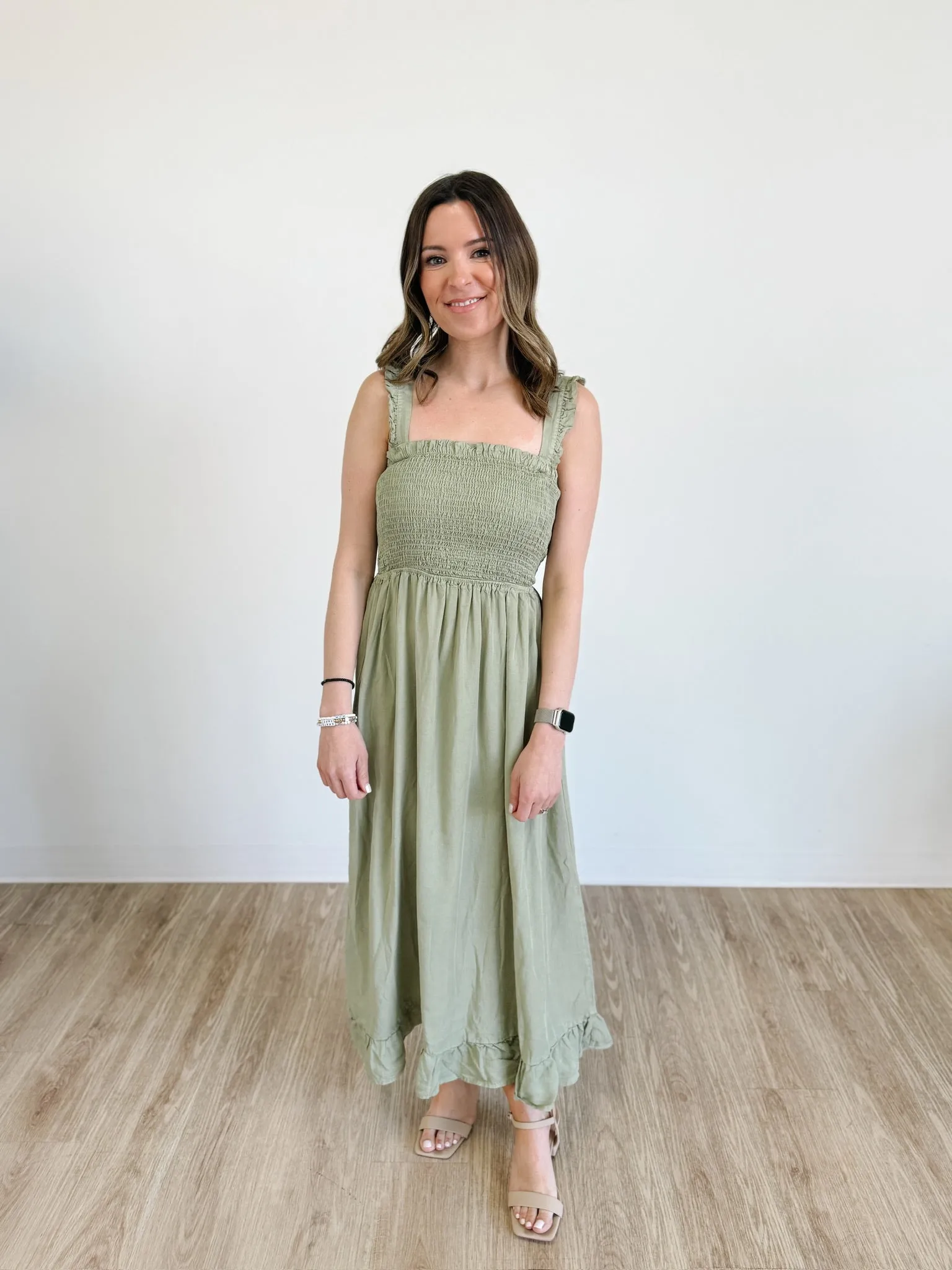 Smocked Maxi Dress With Ruffle Straps in Olive Stone