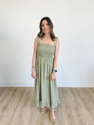 Smocked Maxi Dress With Ruffle Straps in Olive Stone